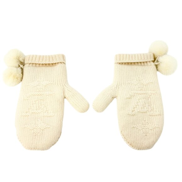 LOUIS VUITTON Vintage Cashmere Knit Gloves Mittens Mink Pompons Cream [106053] - Picture 4 of 13